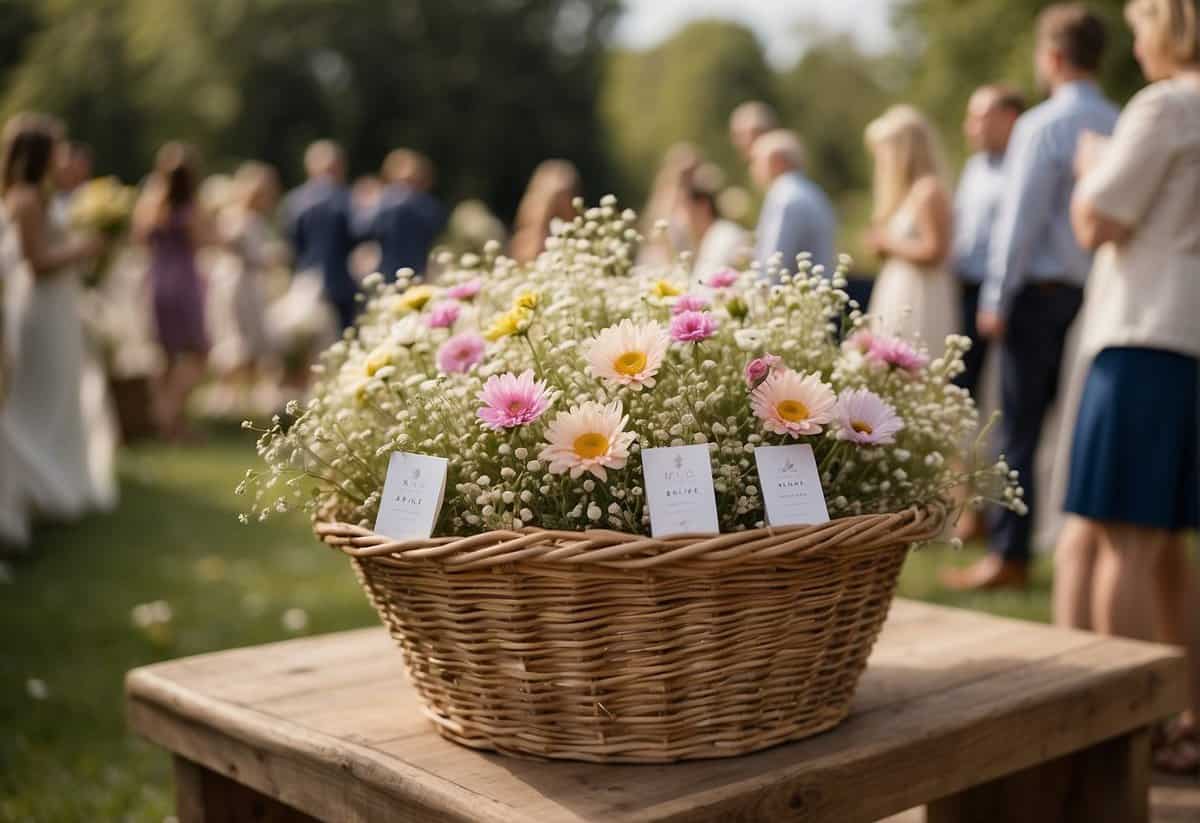 Guests gather with biodegradable confetti and wildflower seed packets for an eco-friendly wedding send-off. Baskets of petals and paper cones are arranged for easy access