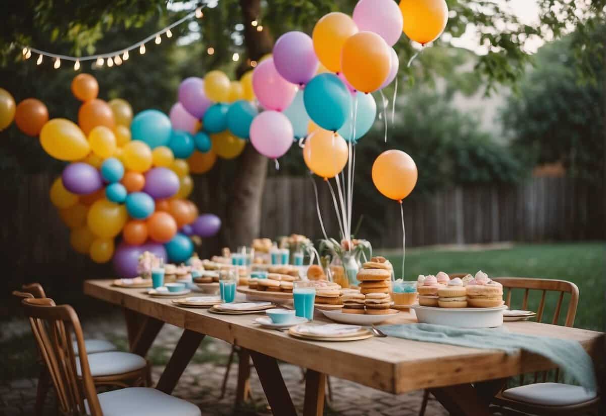 Colorful streamers and balloons adorn a cozy backyard. Tables are set with elegant centerpieces and personalized place settings. A dessert table overflows with decadent treats and a photo booth awaits guests