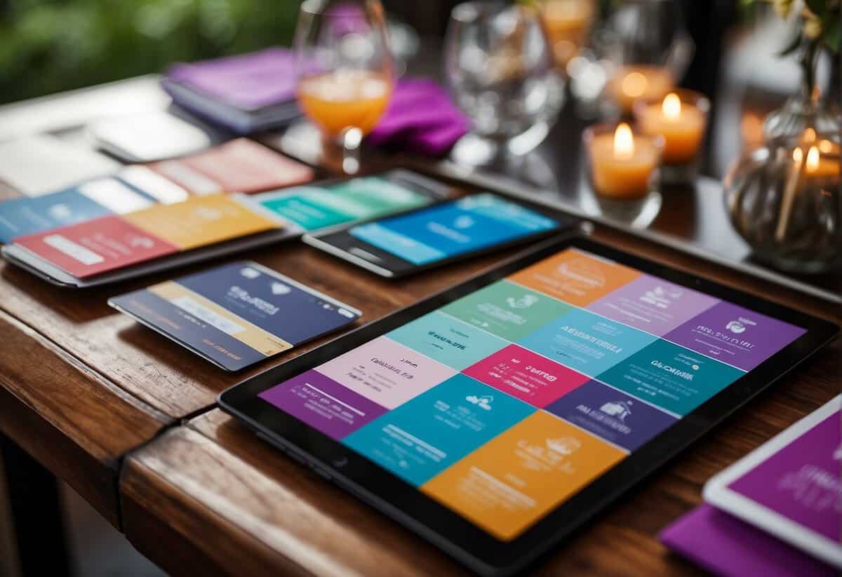 Colorful invitations arranged on a table, with a digital guest list displayed on a tablet