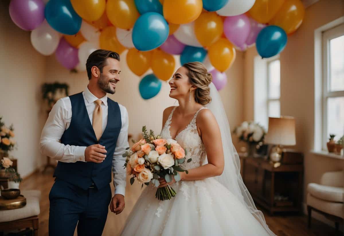Friends present bride and groom with a decorated room, filled with balloons, flowers, and personalized gifts. Laughter and joy fill the air as the couple is surrounded by love and support
