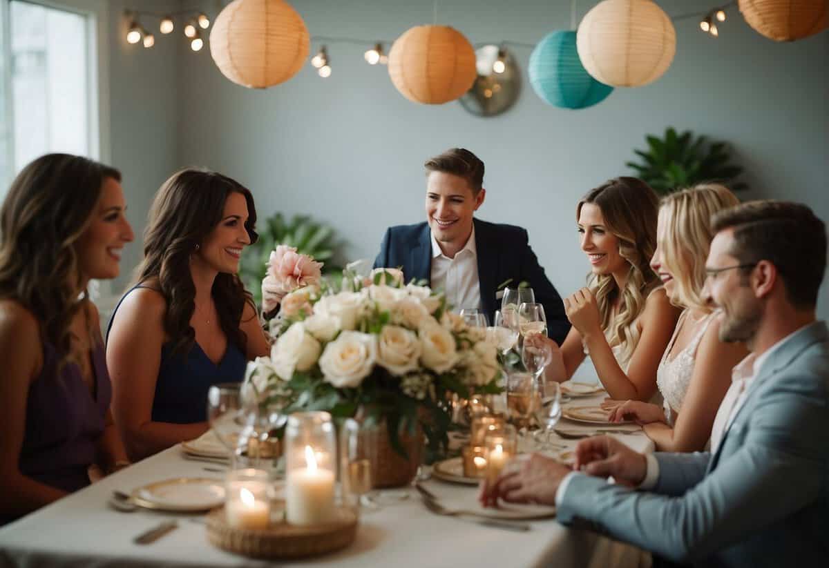 Friends gather, brainstorming, and sharing ideas for the ultimate surprise wedding for the bride and groom. Tables filled with decorations, gifts, and plans