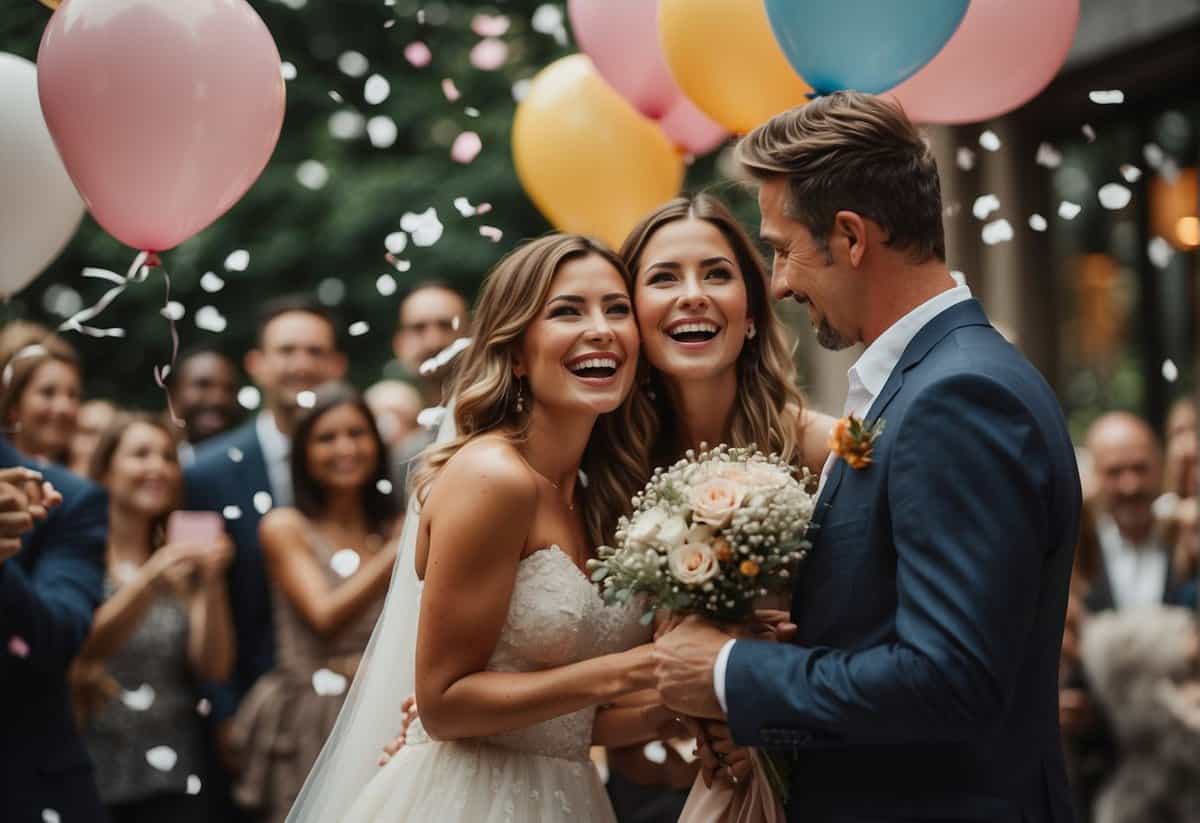 Friends gather with gifts, balloons, and confetti to surprise the newlyweds after their reception, creating a joyful and celebratory atmosphere