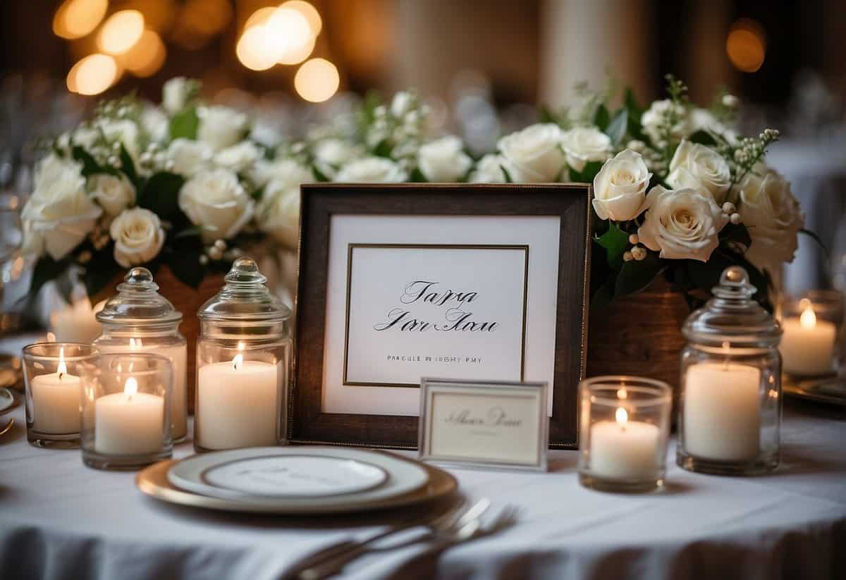 A table with various wedding favor sign ideas displayed, including elegant calligraphy and decorative frames