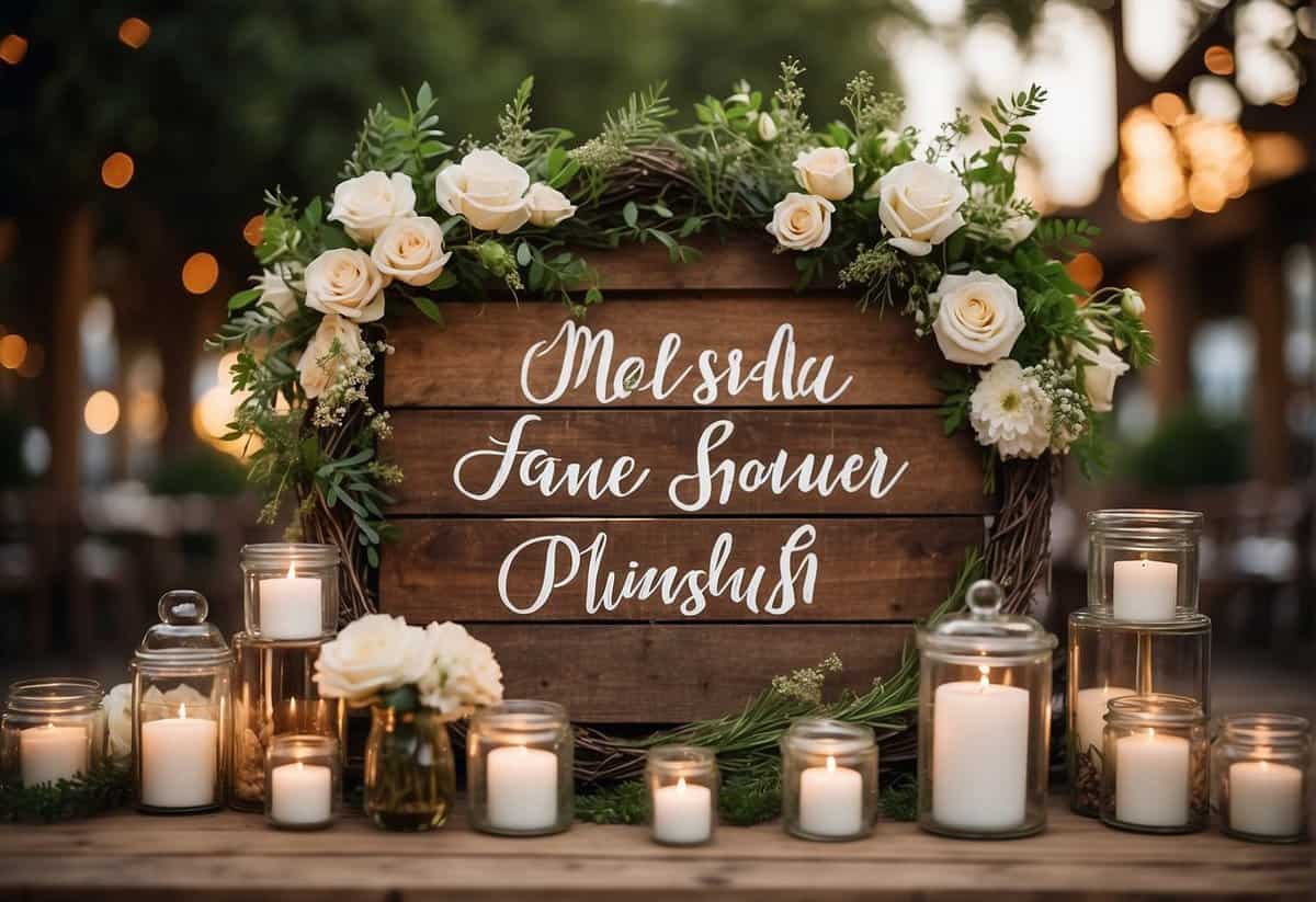 A rustic wooden sign with elegant calligraphy displays various wedding favor ideas, surrounded by delicate floral arrangements and twinkling string lights