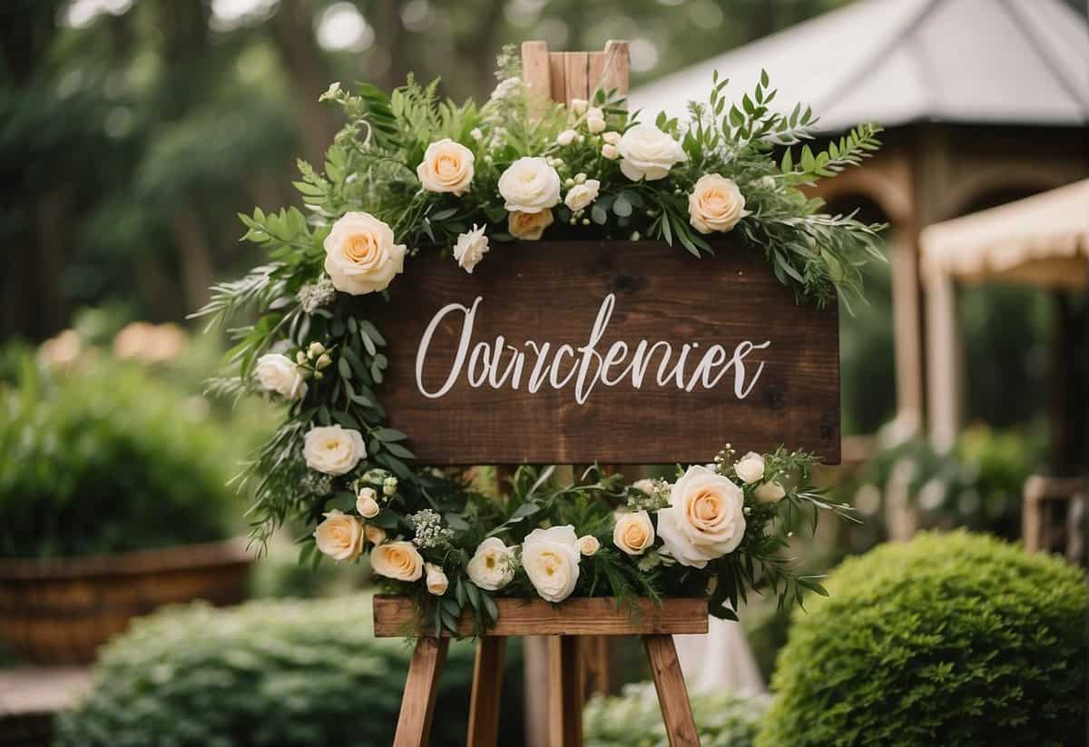 A rustic wooden sign with elegant calligraphy displays various wedding favor ideas, surrounded by lush greenery and delicate florals
