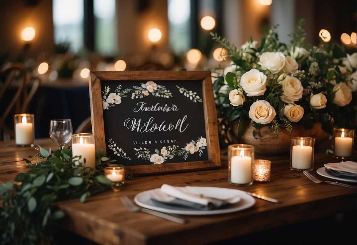 A rustic wooden sign with elegant calligraphy, surrounded by floral arrangements and candles, displayed on a table at a wedding reception