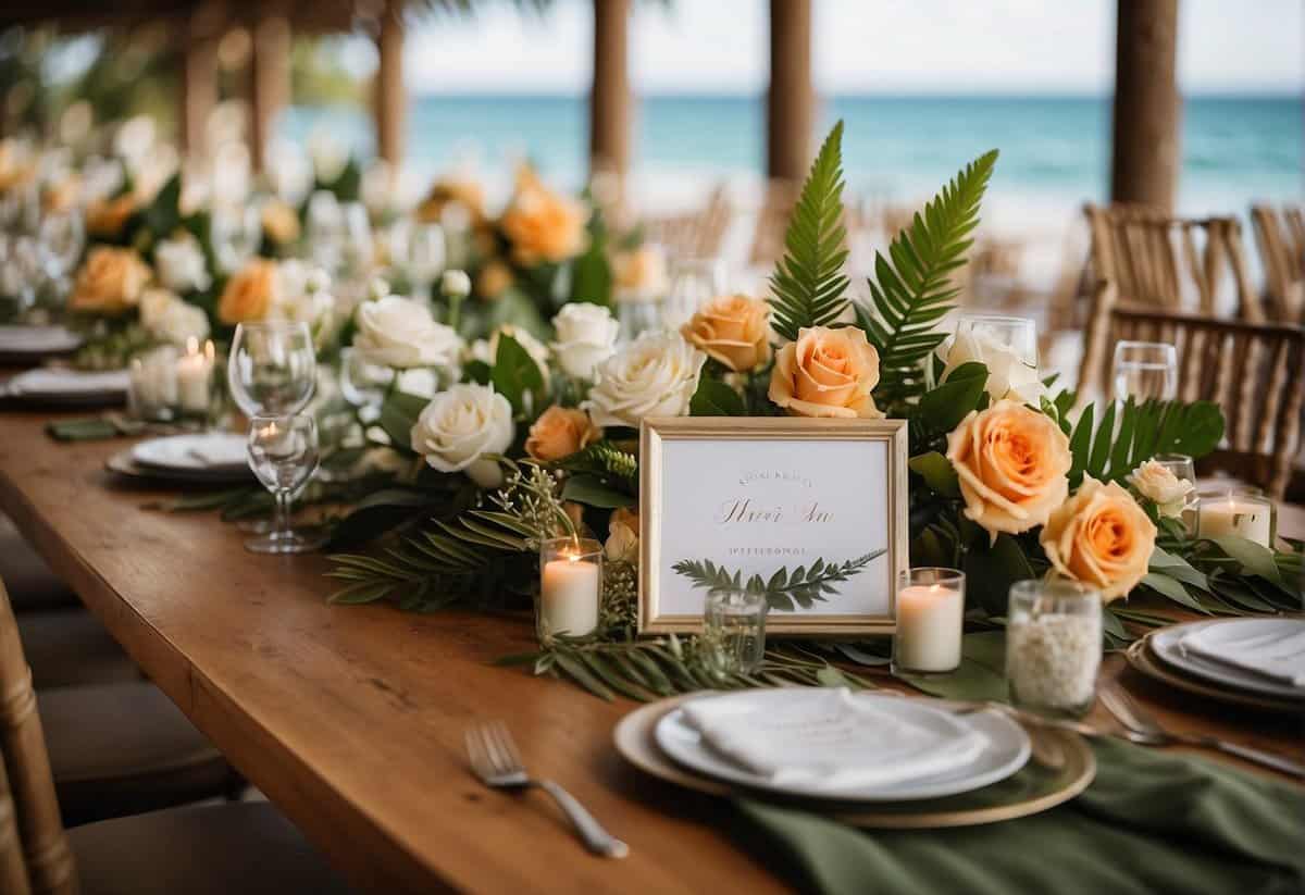 A table with various wedding favor sign ideas displayed, surrounded by tropical destination wedding decor