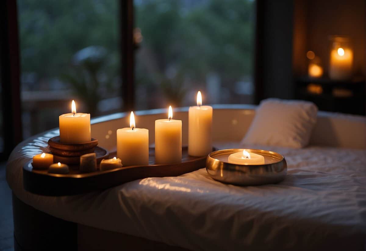 A serene, candle-lit room with a bubbling hot tub, plush robes, and a spread of luxurious spa products for a DIY anniversary relaxation retreat at home