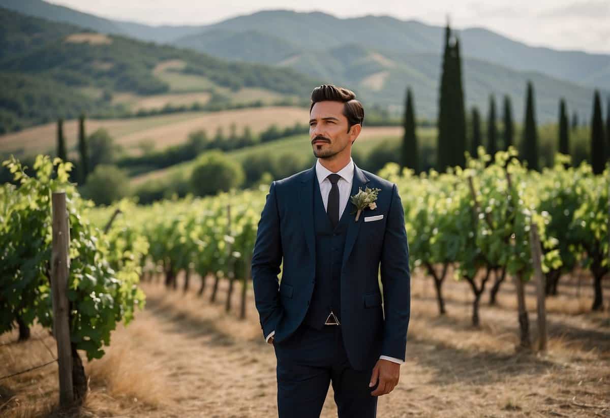 A groom in a tailored Italian suit stands in front of a rustic vineyard backdrop, with rolling hills and cypress trees in the distance