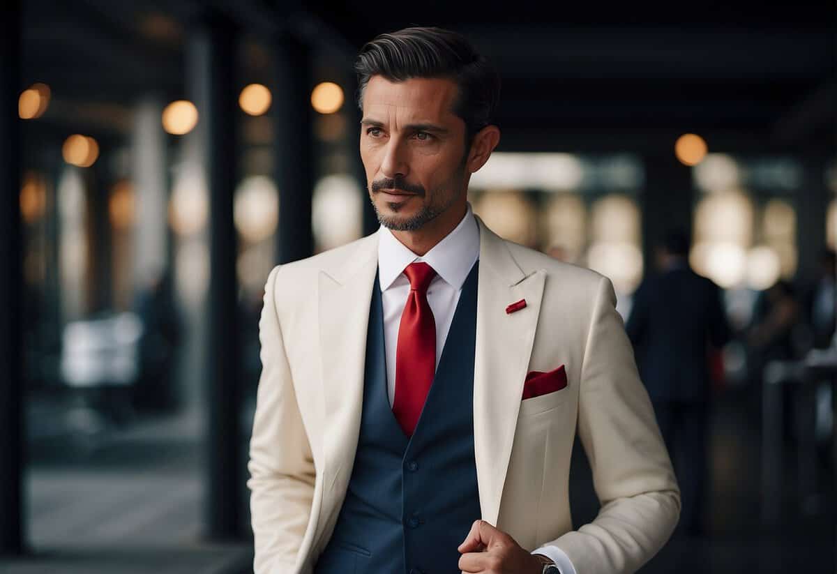 A classic Italian wedding suit with a rich navy blue color and subtle pinstripe pattern, accented with a crisp white dress shirt and a bold red silk tie