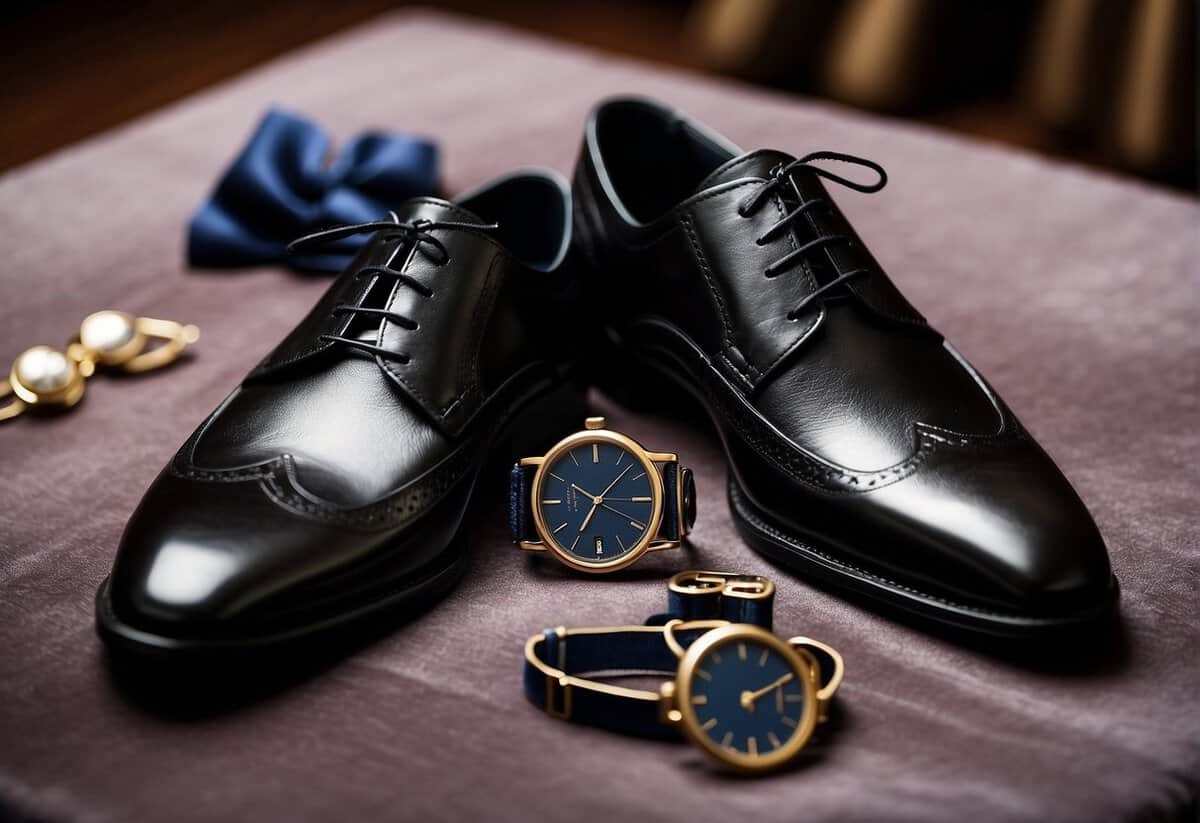 A table adorned with cufflinks, pocket squares, and tie pins. A pair of leather shoes and a sleek watch laid out on a velvet cloth