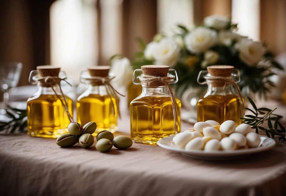 A table adorned with elegant Italian wedding favors, including small bottles of olive oil, jars of honey, and delicate bags of sugared almonds