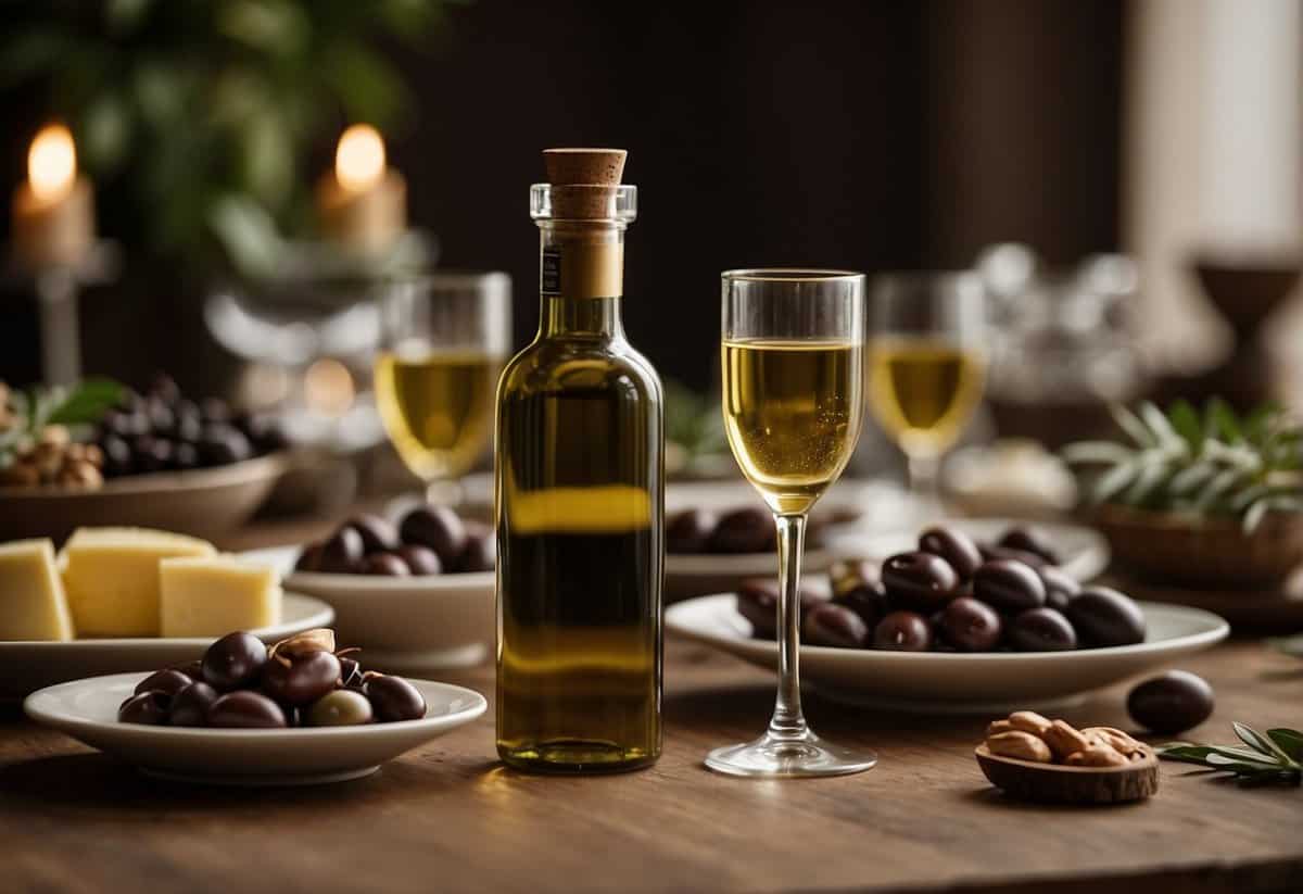 A table adorned with elegant Italian wedding favors: small bottles of olive oil, artisanal chocolates, and delicate ceramic dishes