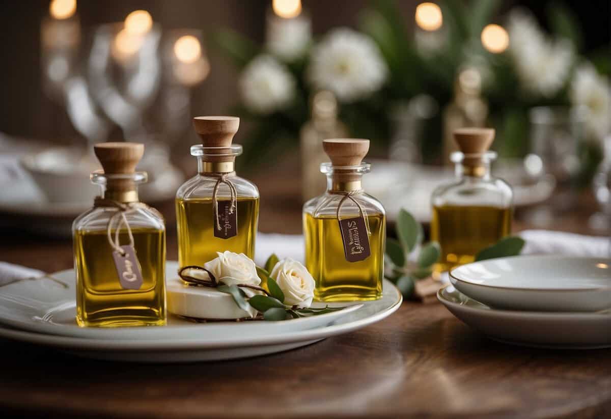 A table adorned with elegant Italian wedding favors, featuring personalized olive oil bottles, artisanal chocolates, and delicate ceramic keepsakes