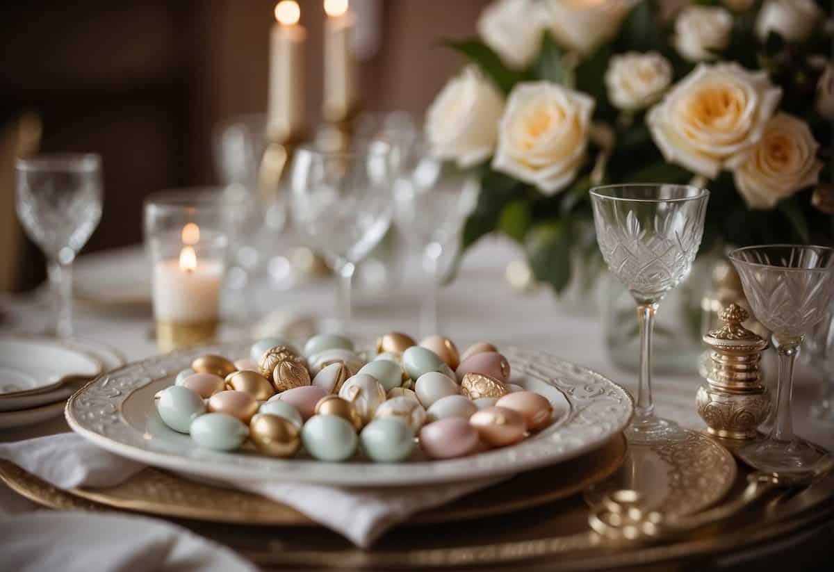 A table adorned with various Italian wedding favor options, including traditional Jordan almonds, elegant wine stoppers, and delicate porcelain trinket boxes