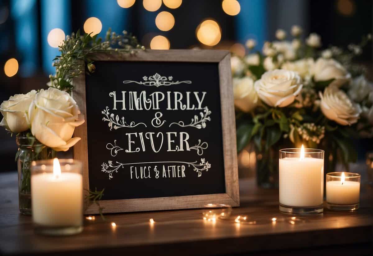 A wedding letter board displays "Happily Ever After" surrounded by floral arrangements and twinkling lights