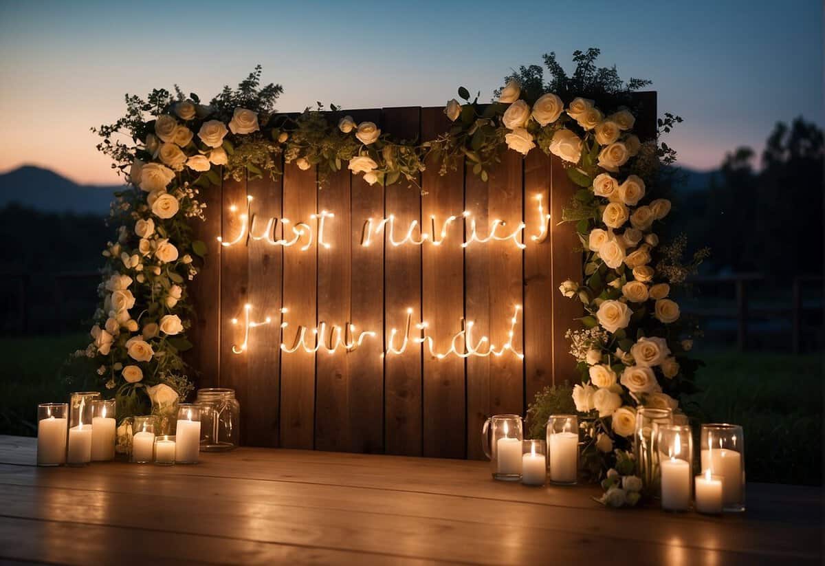 A rustic wooden letter board displays "Just Married" amidst delicate floral arrangements and twinkling fairy lights