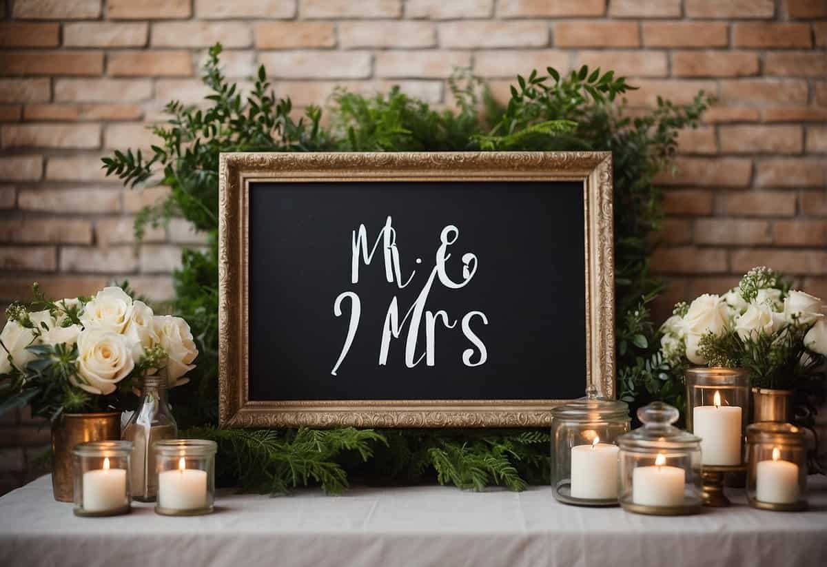 A wedding letter board displays "Mr. & Mrs." with floral accents. A vintage frame and greenery complete the decor