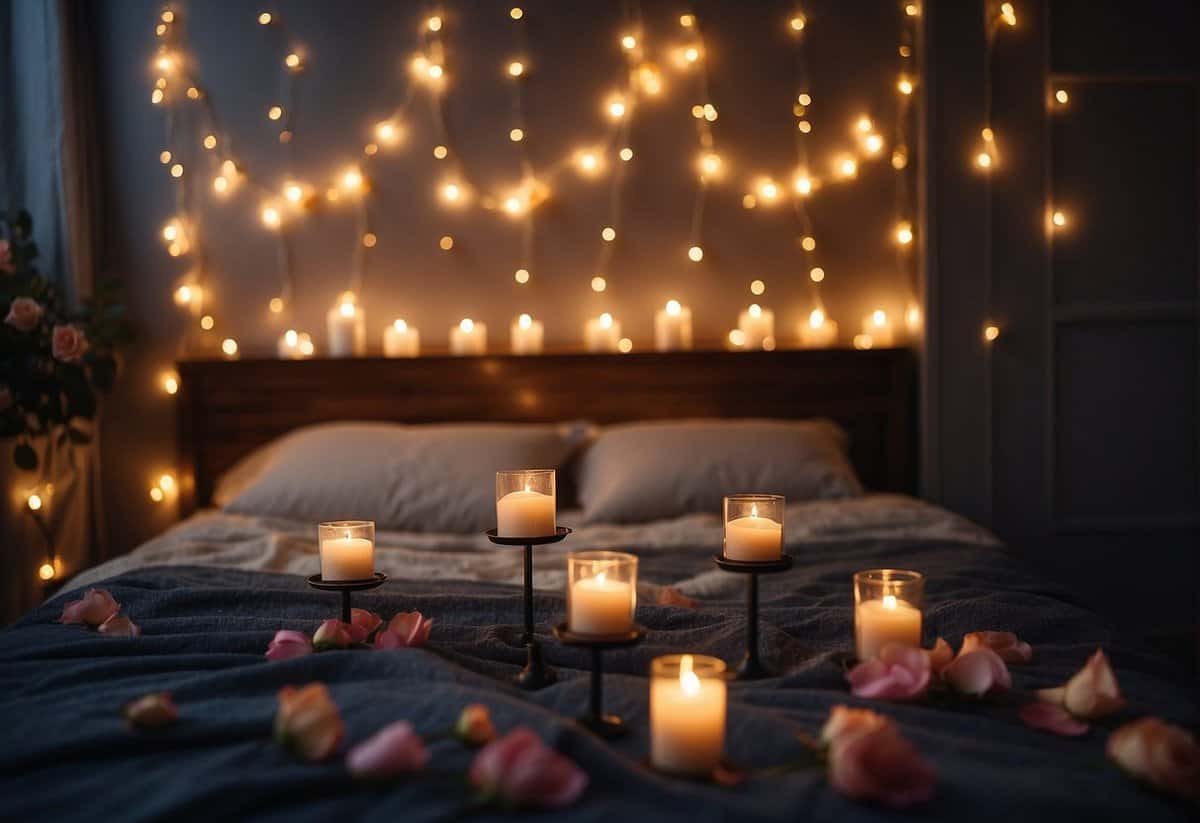 A dimly lit room with soft, twinkling fairy lights draped across the ceiling. A bed adorned with rose petals and candles creating a romantic ambiance