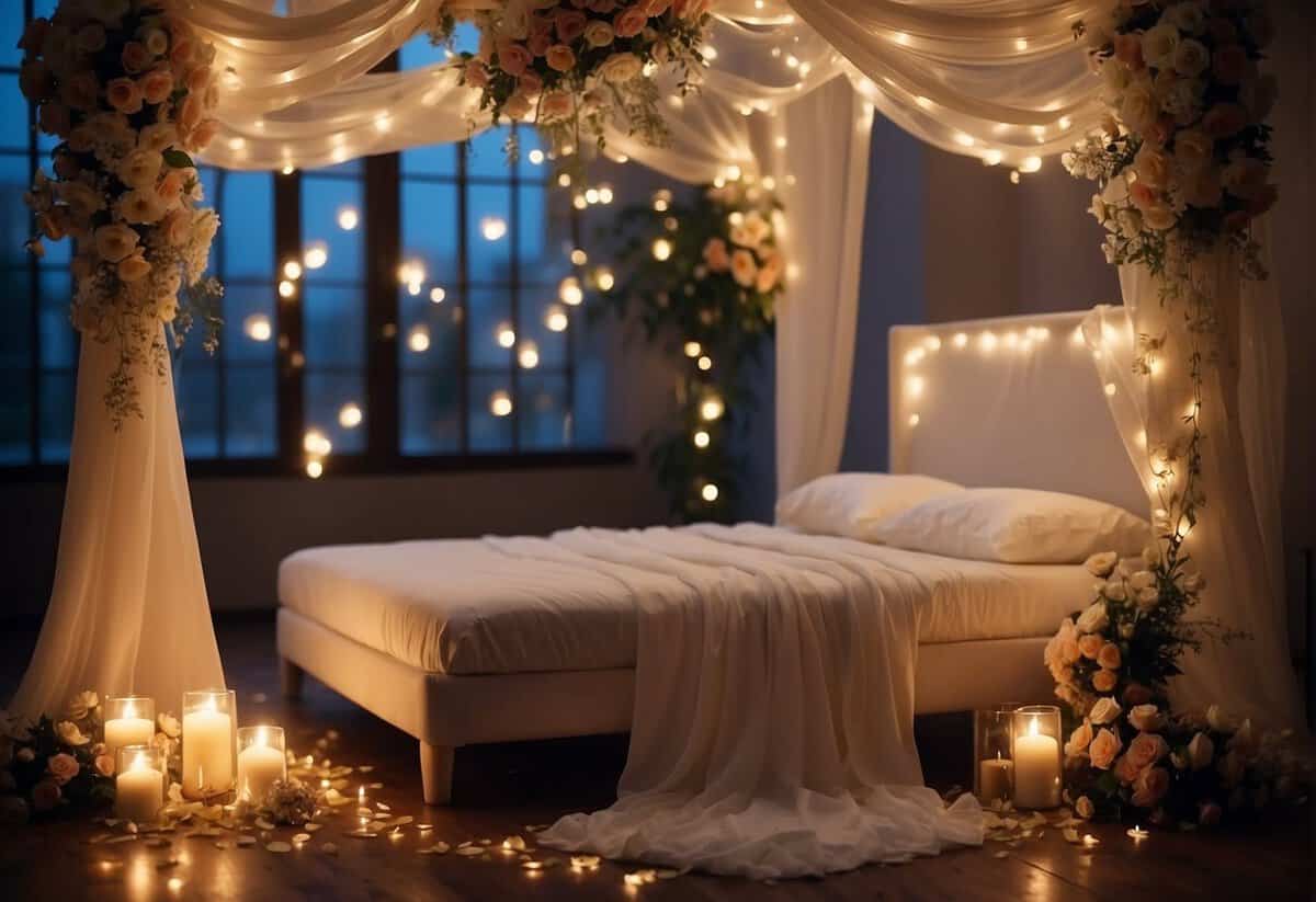 A canopy bed adorned with fresh flowers, draped with flowing fabric, surrounded by flickering candles and scattered petals on the floor