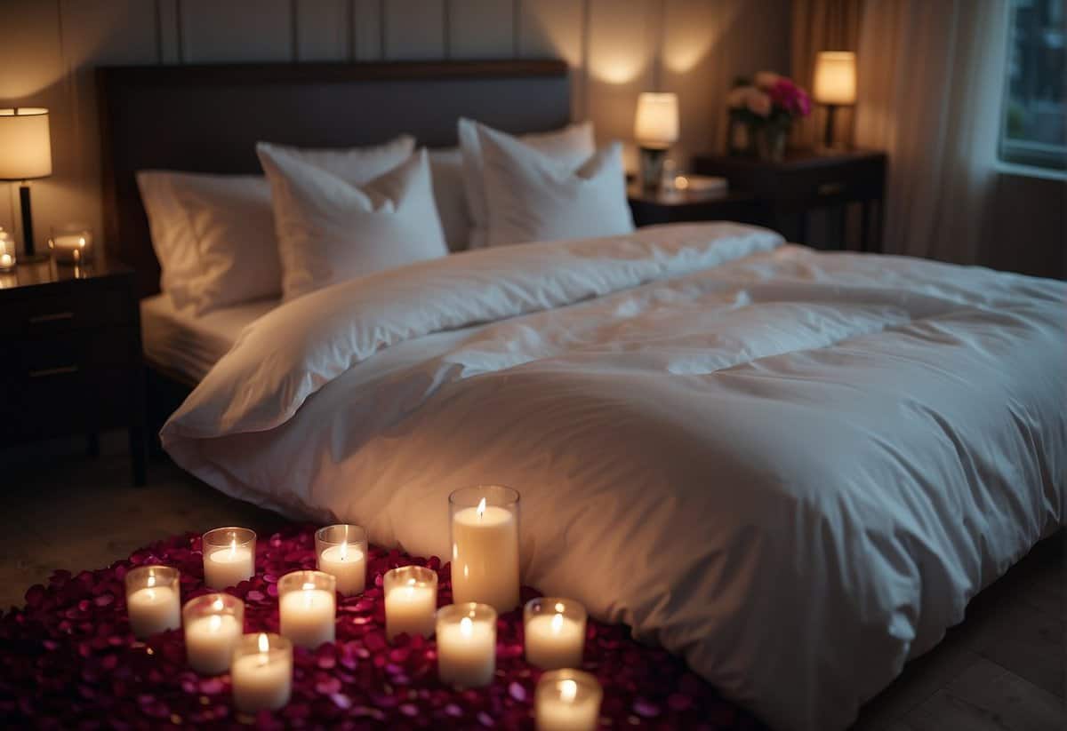 A king-sized bed with rose petals, dimly lit candles, and soft music playing in the background. Silk sheets and fluffy pillows add to the luxurious ambiance