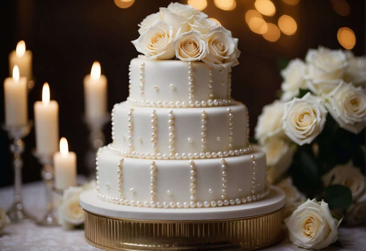 A three-tiered wedding cake adorned with white pearls and shimmering details, set against a backdrop of elegant floral arrangements and soft candlelight