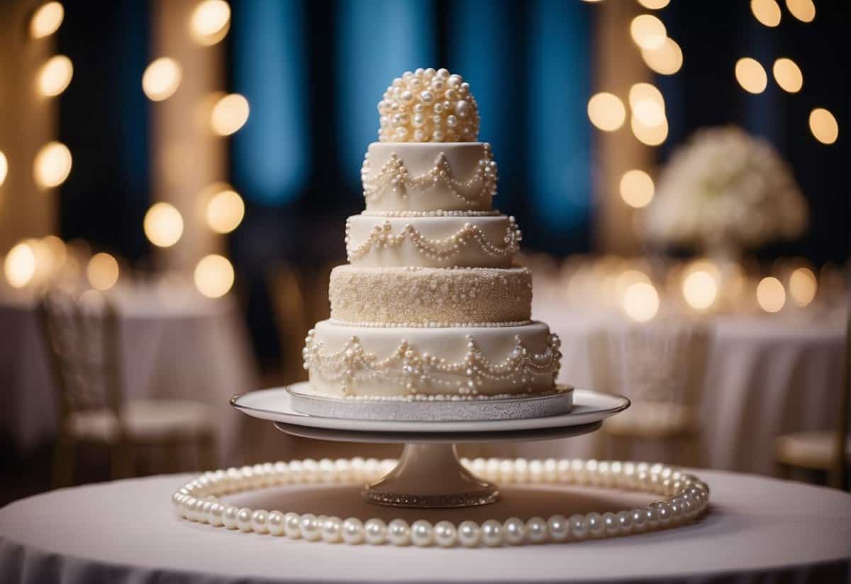 A tiered wedding cake with pearl decorations and personalized details