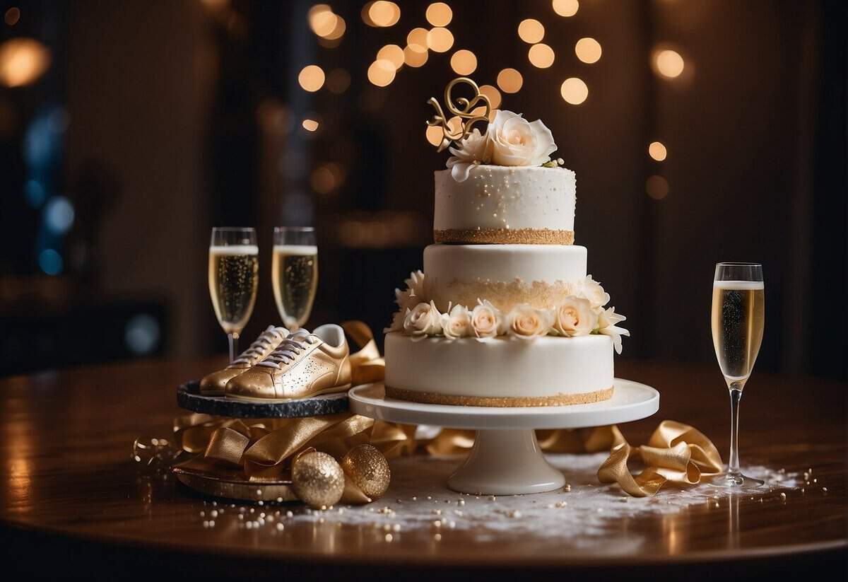 A mischievous couple's shoes kicked off, champagne glasses toppled, and a disheveled wedding cake with a playful topper