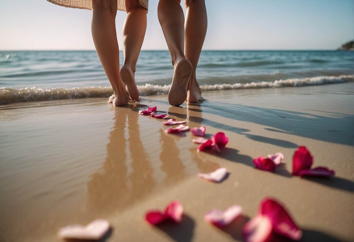 A couple's shoes intertwined on a sandy beach, with a heart drawn in the sand and a trail of rose petals leading towards the water