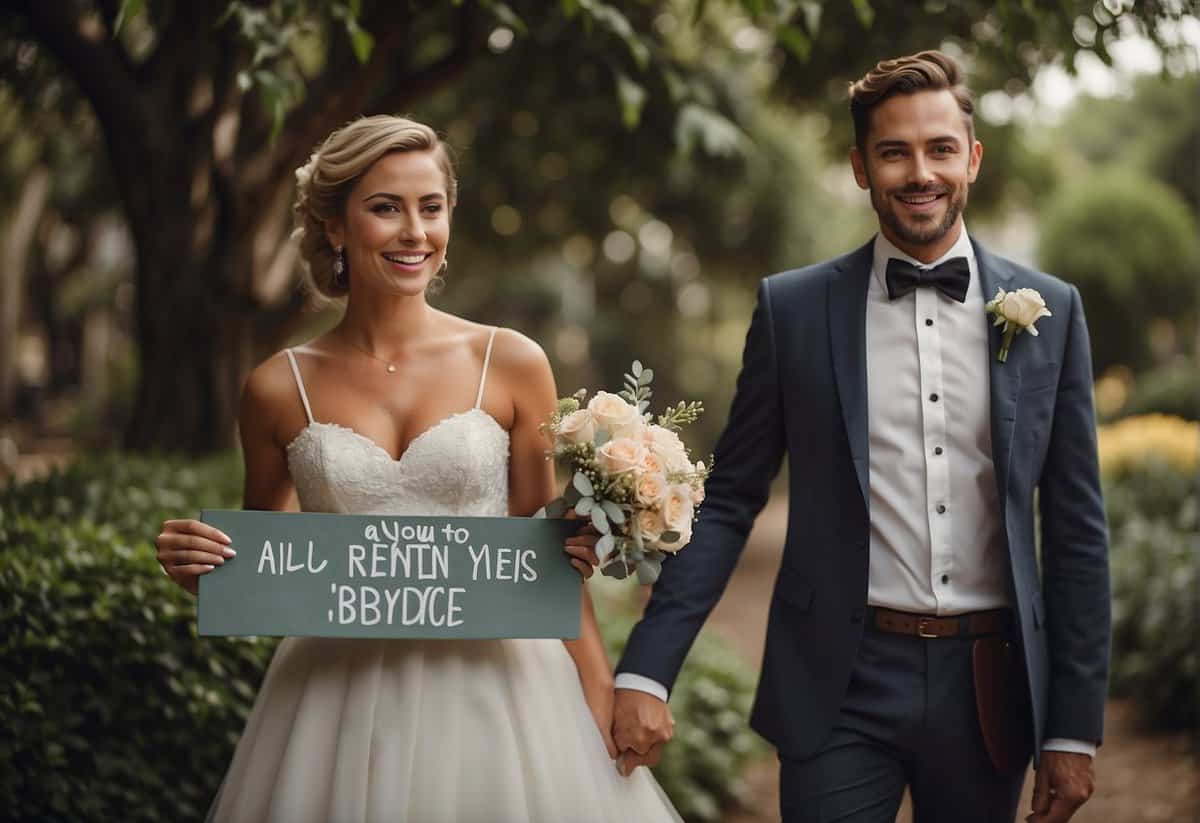 A bride and groom standing back to back, each holding a sign with playful, cheeky messages. The background could include a whimsical, romantic setting like a garden or a vintage-inspired room