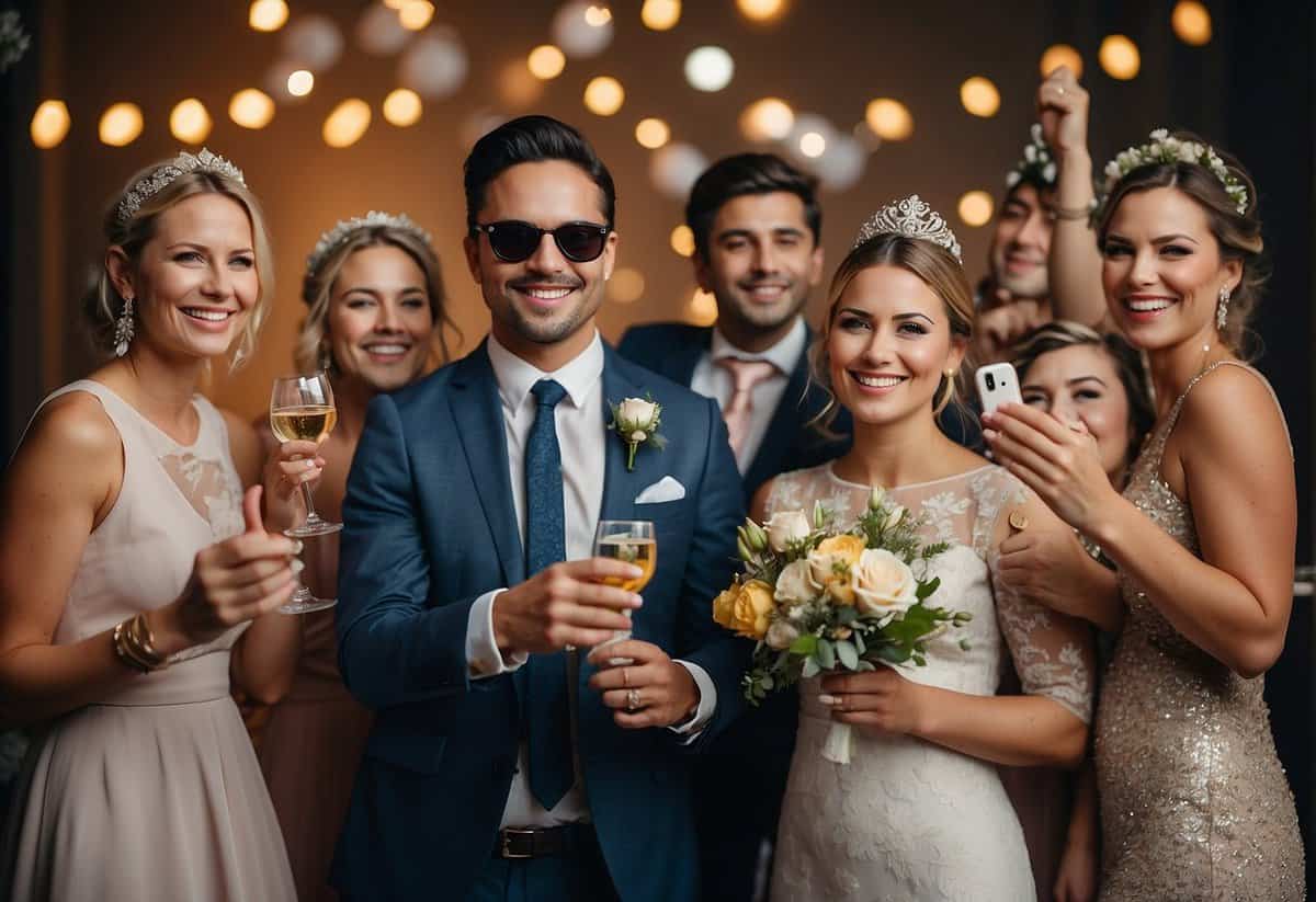 The wedding party poses with playful props and gestures for a fun and cheeky group photo