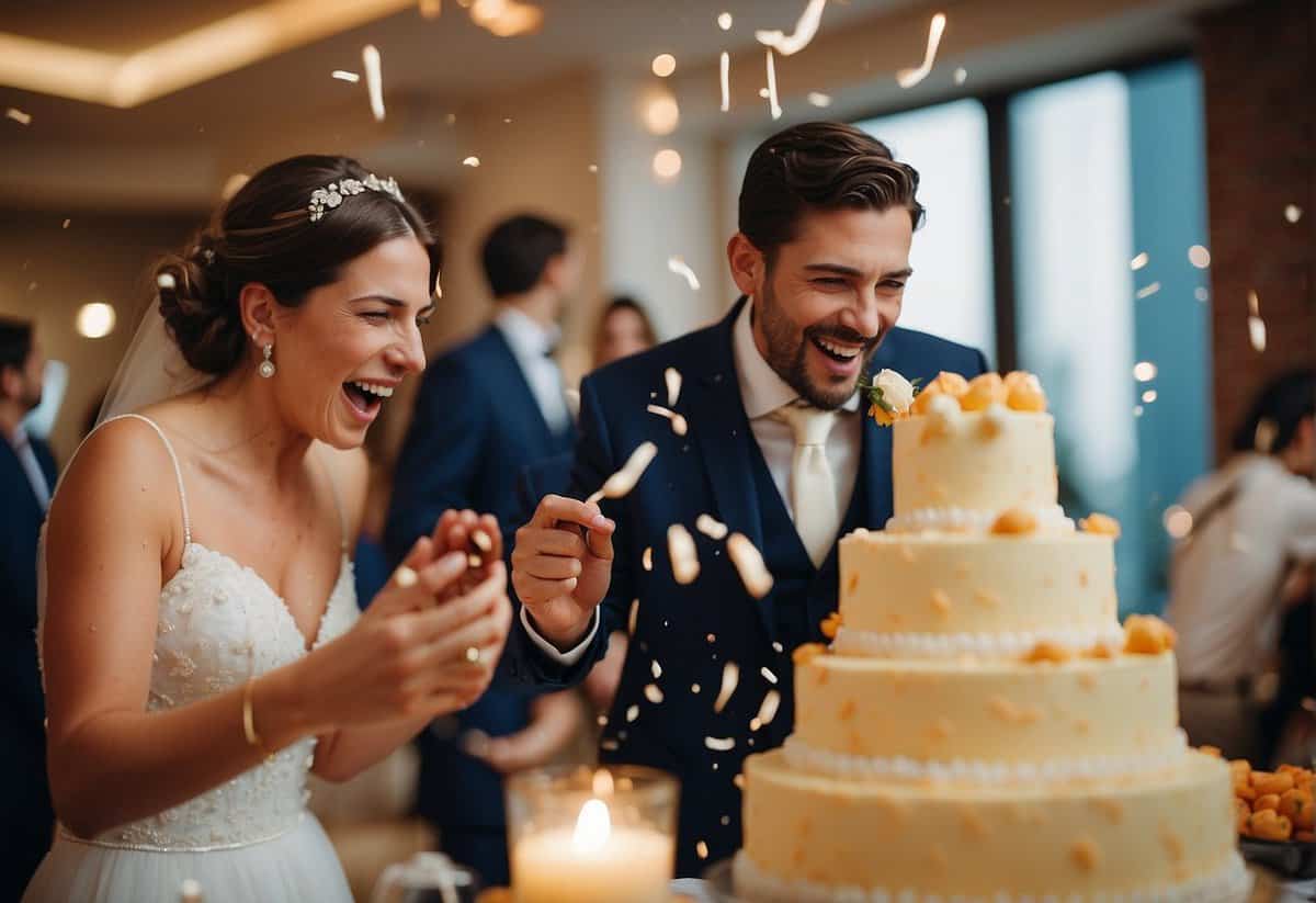 A couple playfully smearing cake on each other's faces at their wedding reception