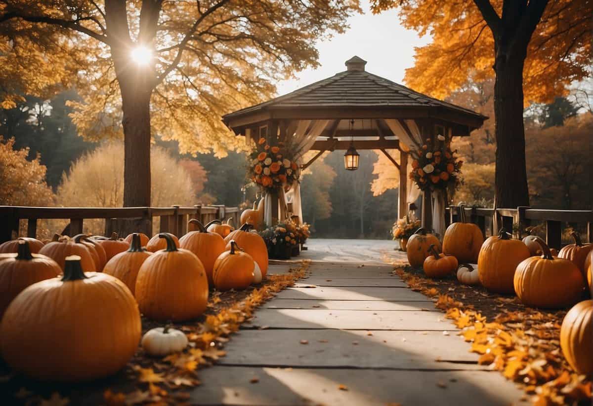 A rustic outdoor wedding with colorful leaves, pumpkins, and lanterns. A cozy ceremony under a canopy of trees with a backdrop of autumn foliage