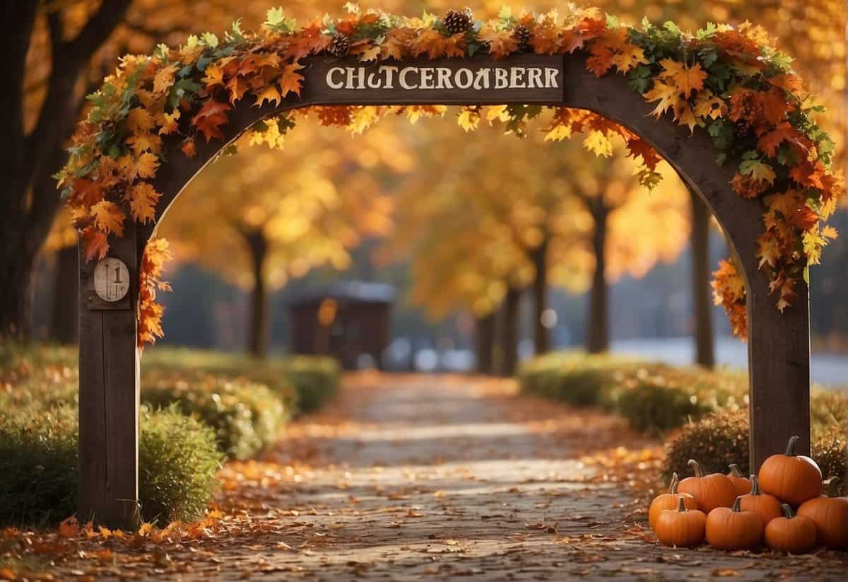 A cozy outdoor scene with colorful fall foliage, a rustic wooden arch adorned with autumn flowers, and a calendar displaying various dates in October or November