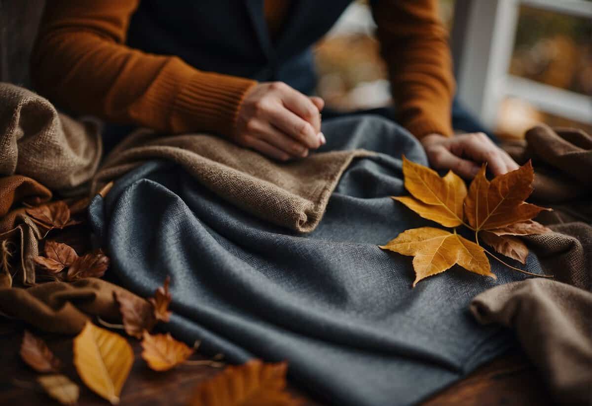 A tailor carefully selects rich, warm fabrics for fall wedding attire, surrounded by autumn leaves and a cozy, rustic setting