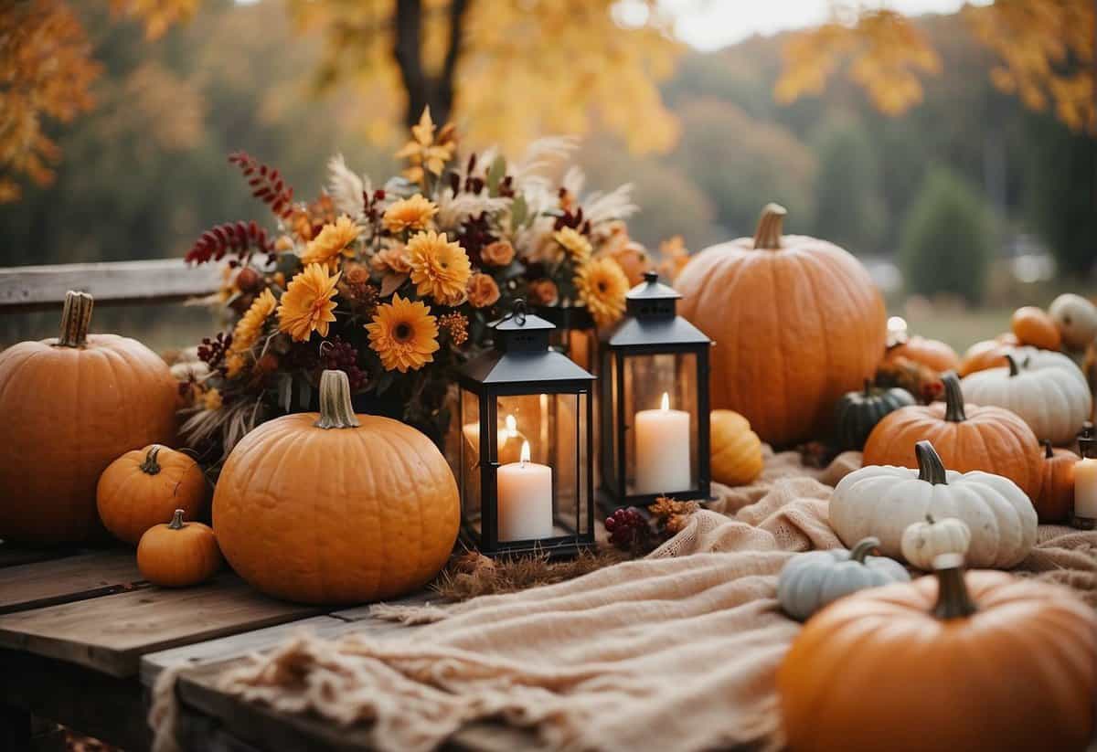 A rustic outdoor wedding with a colorful fall foliage backdrop, adorned with pumpkins, lanterns, and cozy blankets for a unique autumn celebration