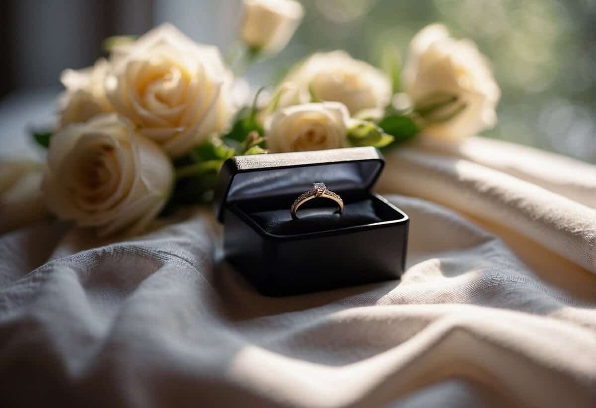 A ring box placed on a bed of fresh flowers with soft natural lighting streaming in through a window, creating a romantic and intimate setting for an engagement announcement