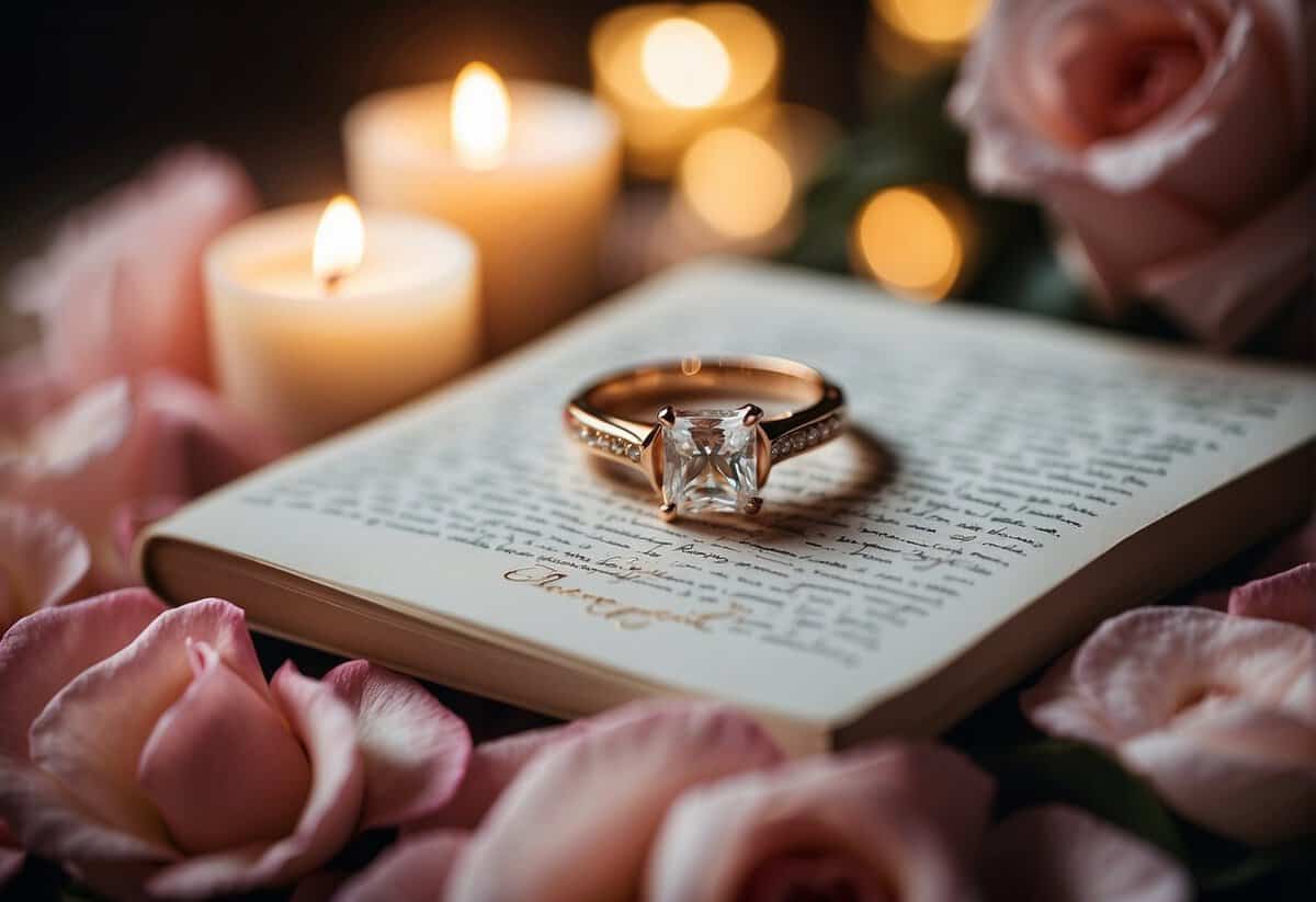 A sparkling engagement ring resting on a bed of rose petals, surrounded by flickering candles and a handwritten love note