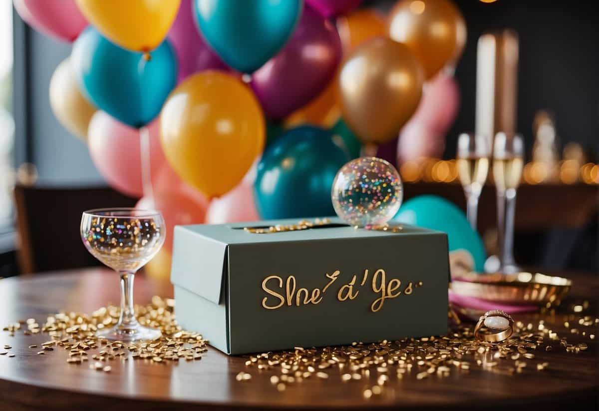 Colorful balloons, confetti, champagne glasses, and a ring box on a table with a "She Said Yes!" sign in the background