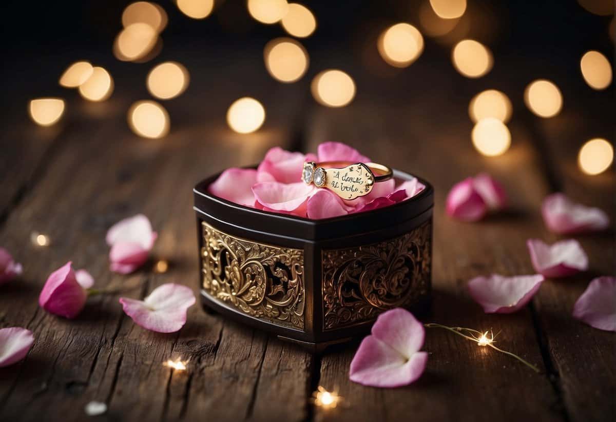 A ring box sits open on a rustic wooden table, surrounded by scattered rose petals and twinkling fairy lights. A hand-written love note is tucked under the box