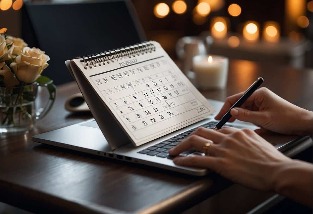A table with a calendar, wedding magazines, and a laptop open to social media platforms. A hand holding a pen ready to write on the calendar