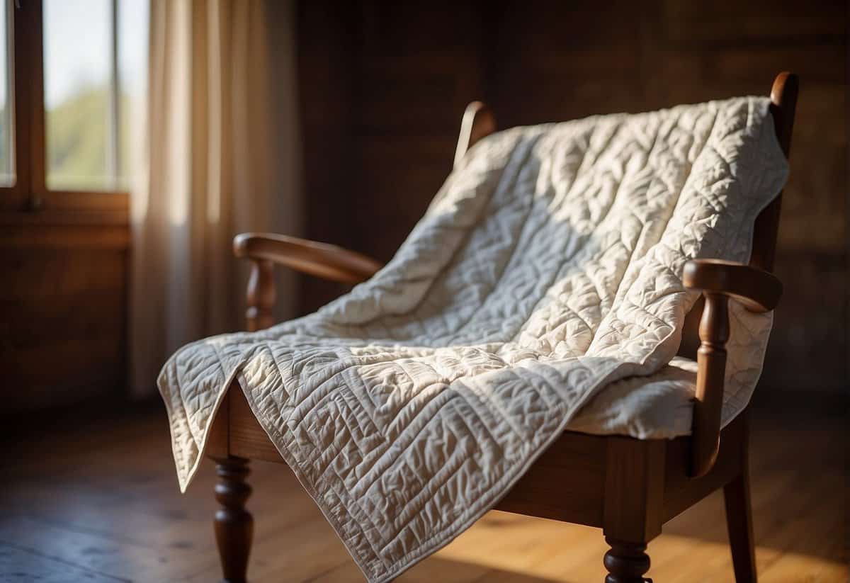 A bride's wedding dress, carefully cut and stitched into a beautiful quilt, draped over a rustic wooden chair in a sunlit room