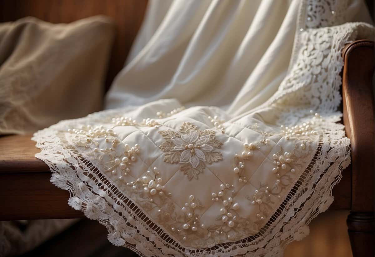A bride's wedding dress cut into quilt squares, sewn together with lace and pearls, draped over a rustic wooden chair