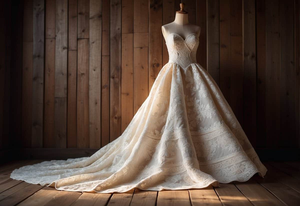 A wedding dress quilt hangs on a rustic wooden wall, with soft sunlight streaming through lace and silk, showcasing delicate stitching and intricate patterns