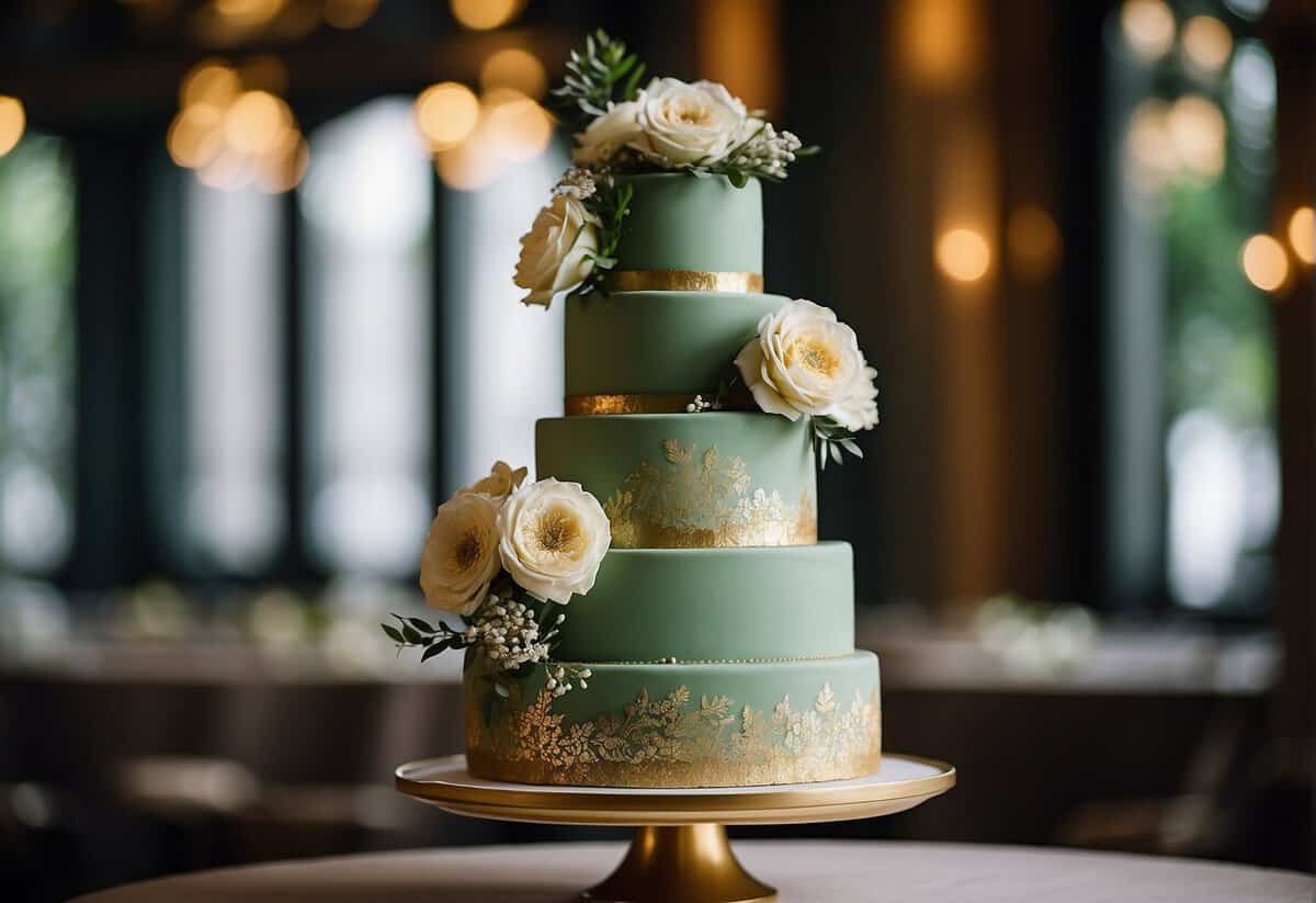 A three-tiered sage green wedding cake adorned with delicate white flowers and gold leaf accents