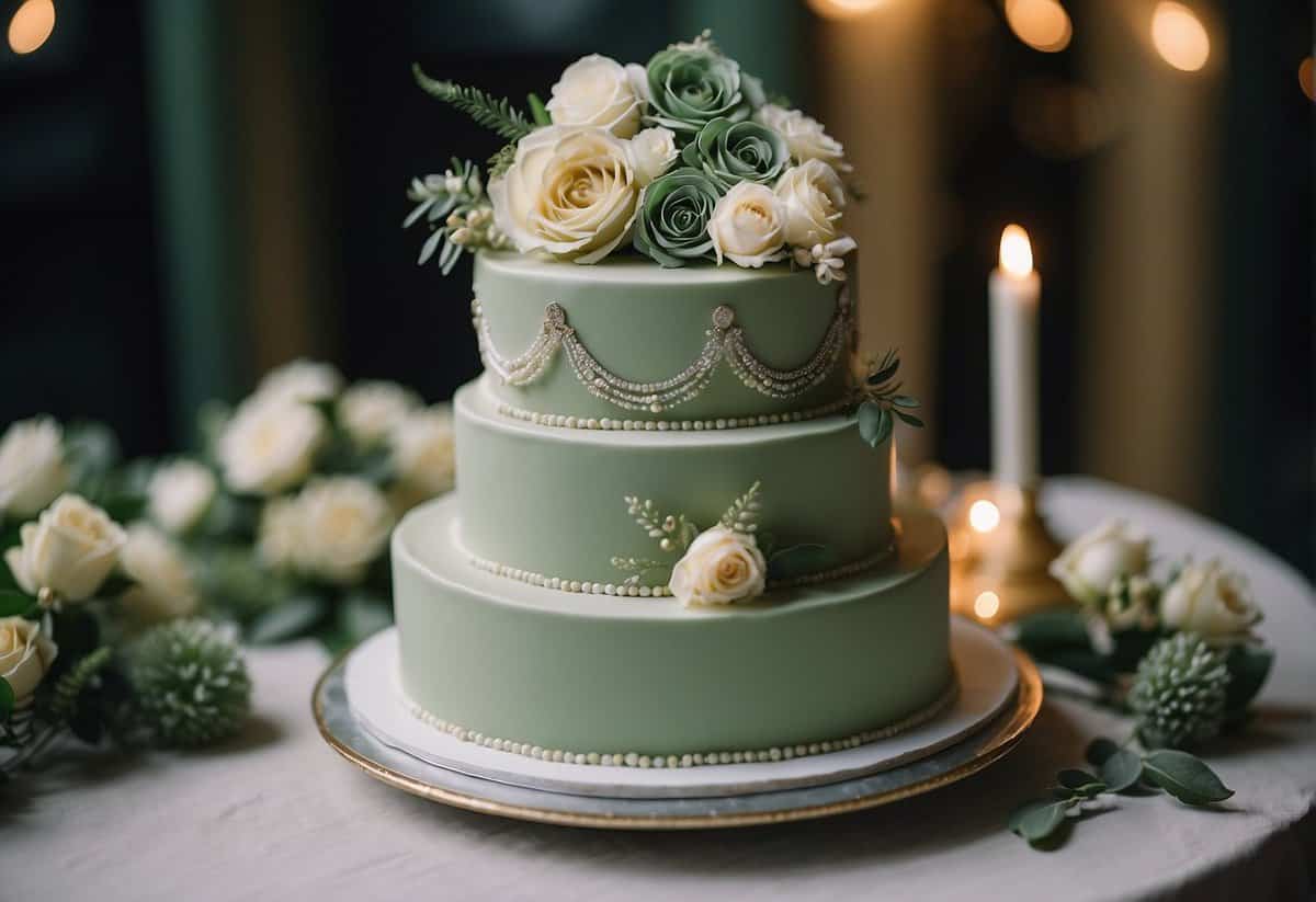 Sage green wedding cake adorned with matching accessories and attire