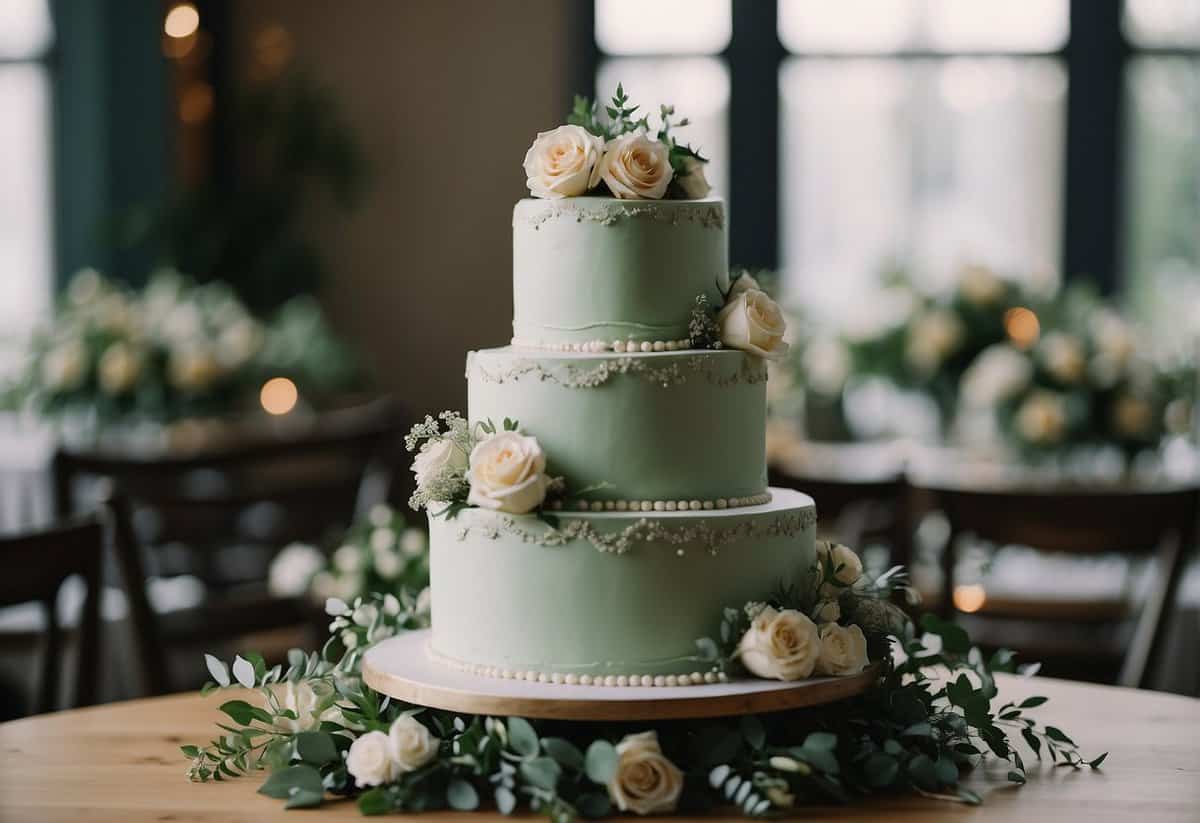 Sage green wedding cake surrounded by floral arrangements and decorations