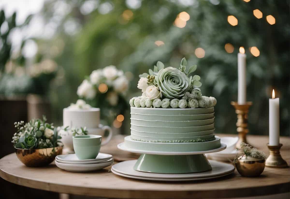 A sage green wedding cake is displayed on a table with coordinating stationery and signage