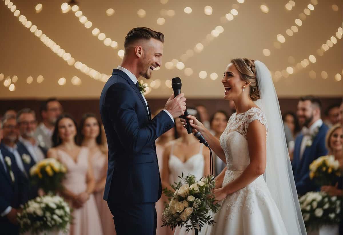 A couple stands at the altar, holding microphones, laughing as they exchange humorous wedding vows. The audience erupts in laughter as the bride and groom share their funny promises to each other