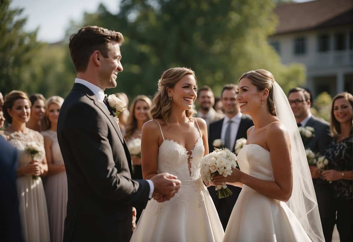 A bride and groom exchanging personalized vows, incorporating humor and personal touches, surrounded by smiling friends and family